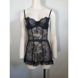 Victoria's Secret Black Lace 1PC Corset Bra Skirt SZ M NWT Sheer Maid Costume